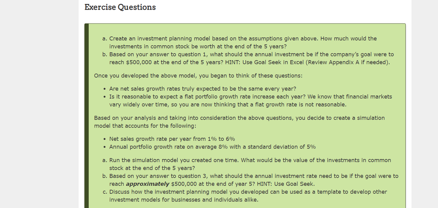 Create an investment planning model based on the assumptions given above. How
