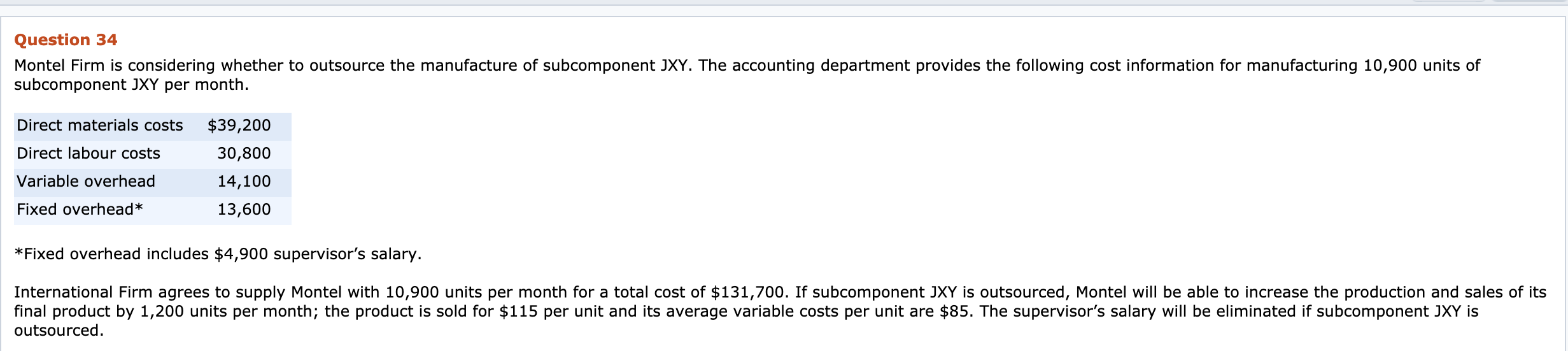 following cost information for manufacturing 10,900 units of subcomponent JXY per month.