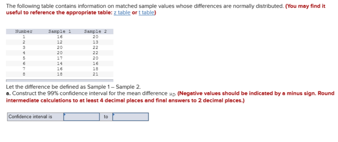 The following table contains information on matched sample values whose differences are