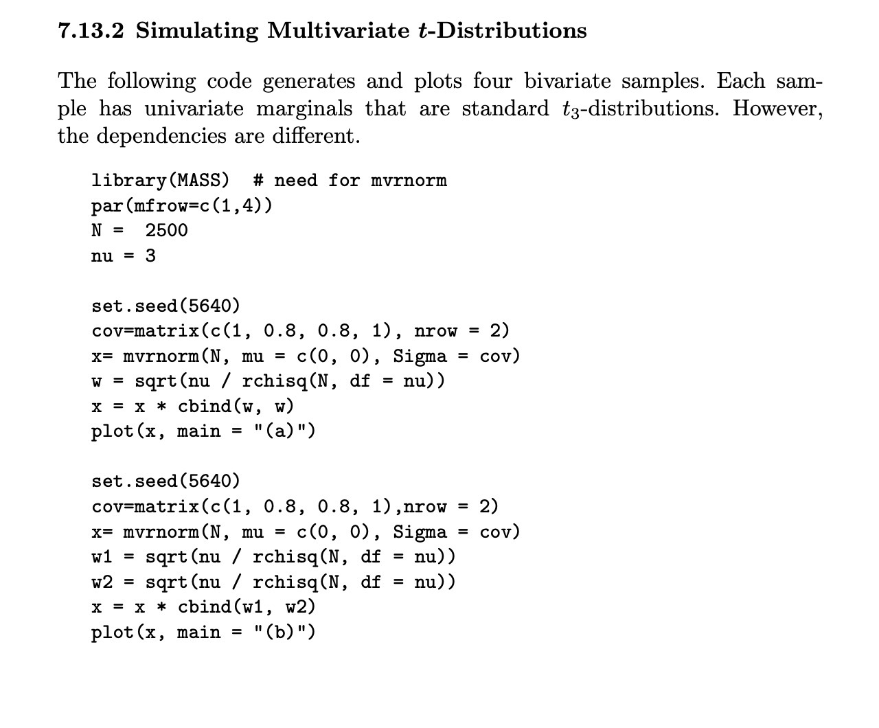  7.13.2 Simulating Multivariate t-Distributions The following code generates and plots four