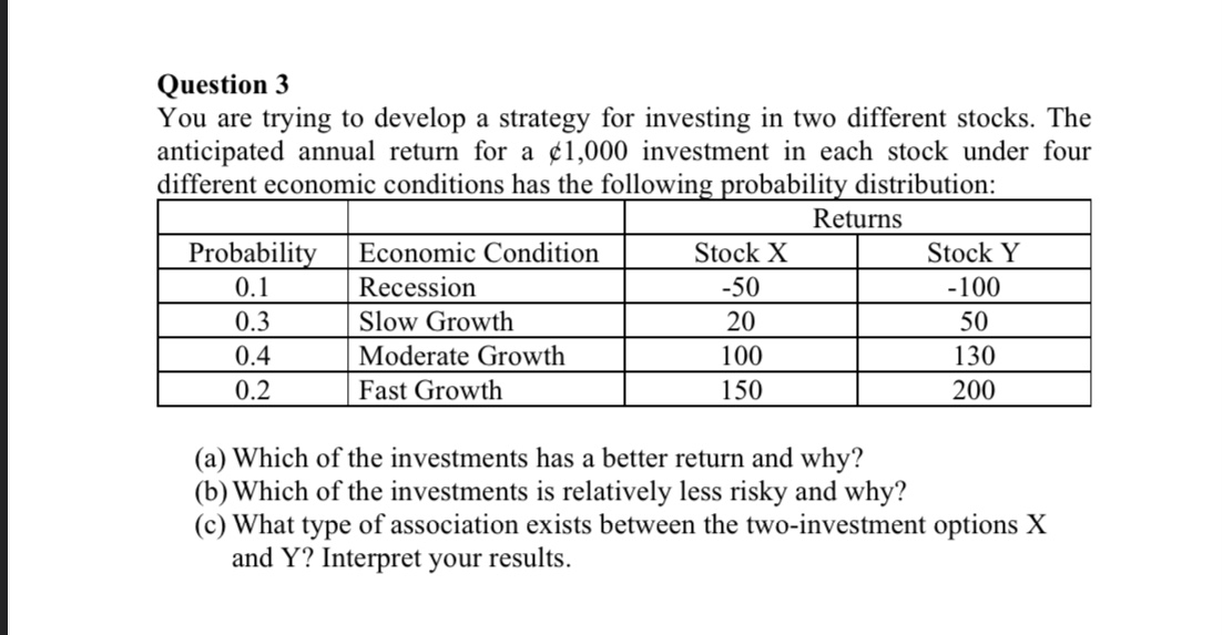  Question 3 You are trying to develop a strategy for investing