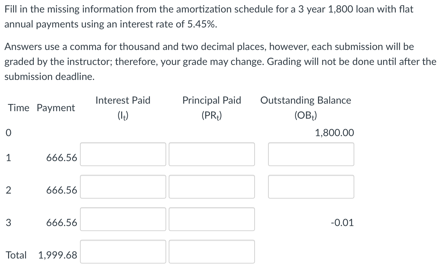a 3 year 1,800 loan with flat annual payments using an interest