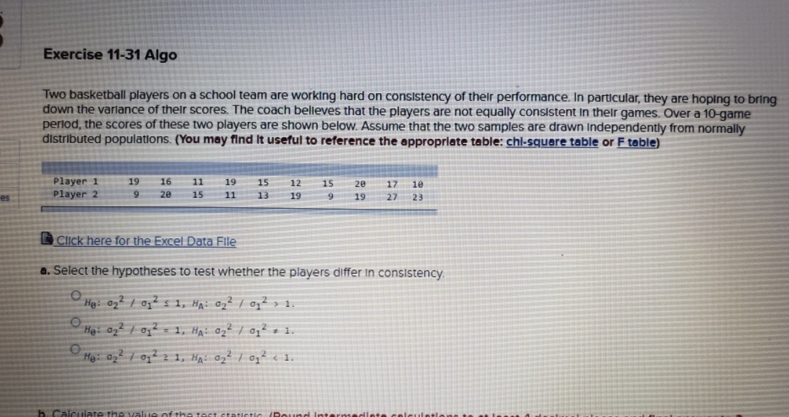 Need help finding Test statistics Exercise 11-31 Algo Two basketball players on