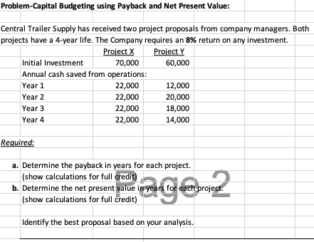 Problem-Capital Budgeting using Payback and Net Present Value: Central Trailer Supply