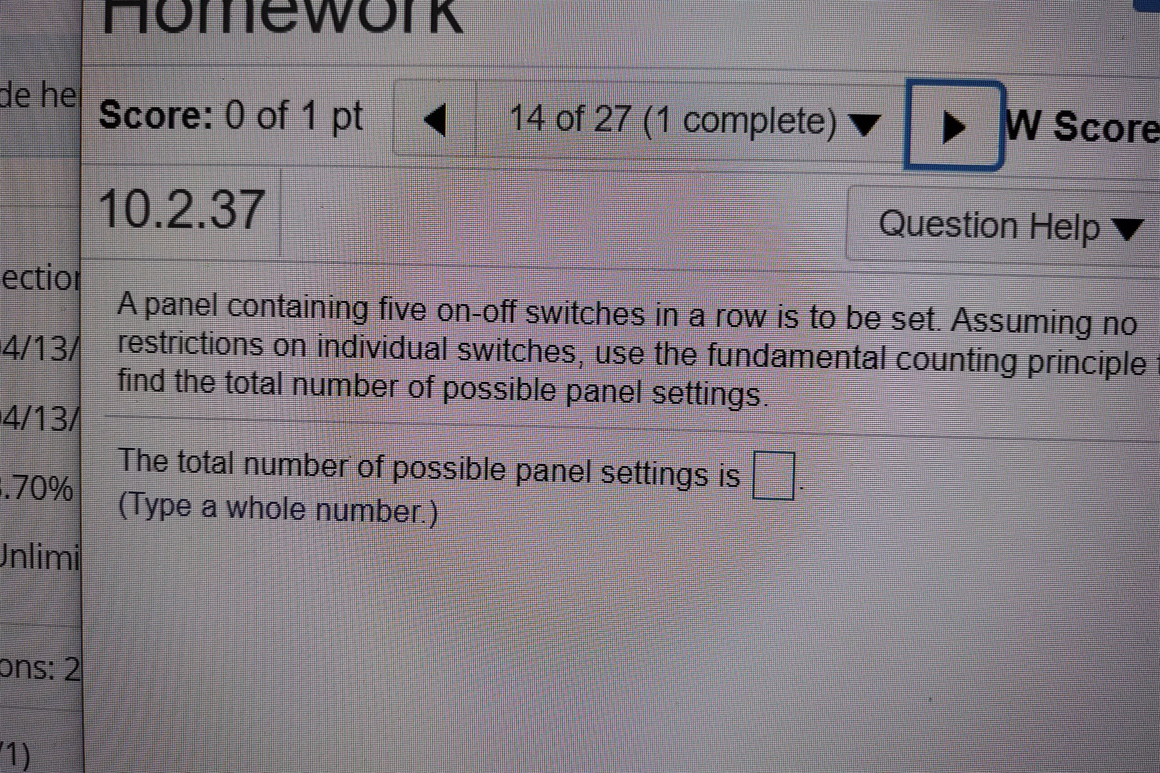 MGF 1106 Math SECTION 10.2 Counting nomeWork de hel Score: 0 of