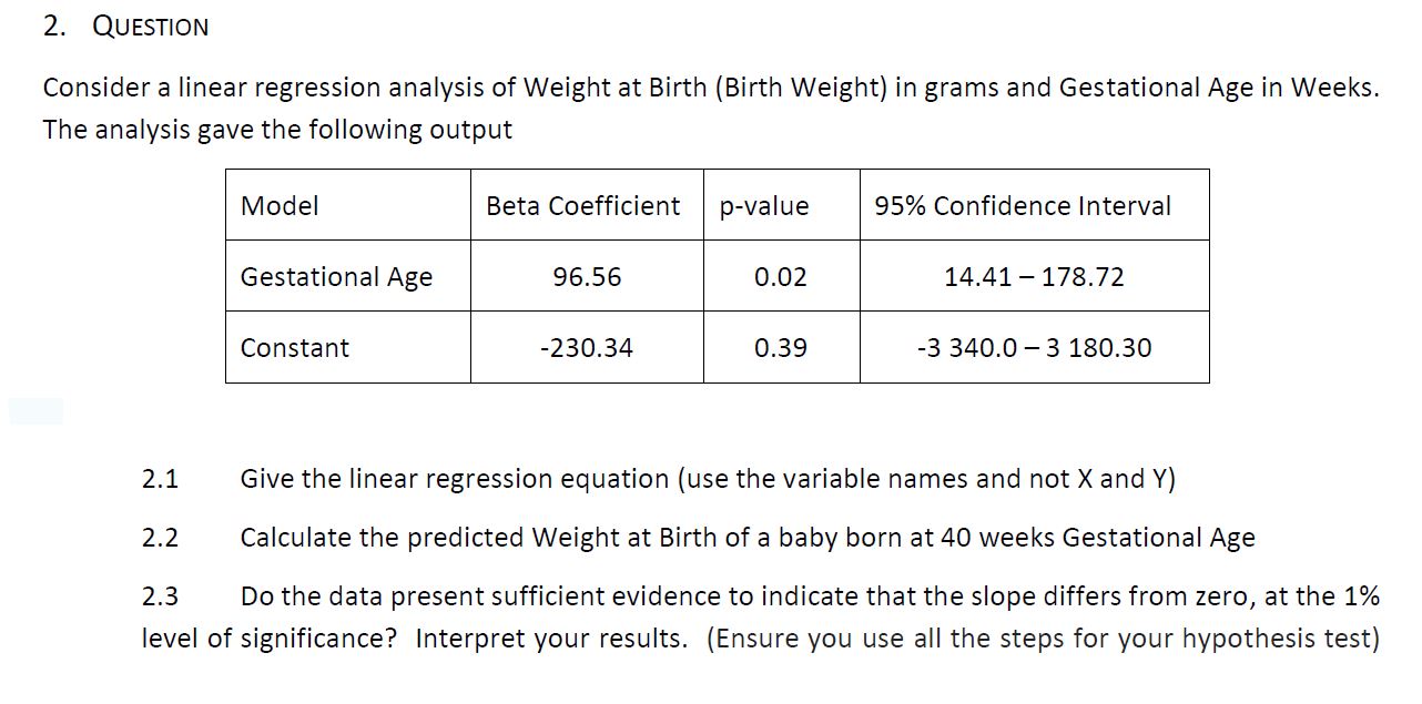 Consider a linear regression analysis of Weight at Birth (Birth Weight) in