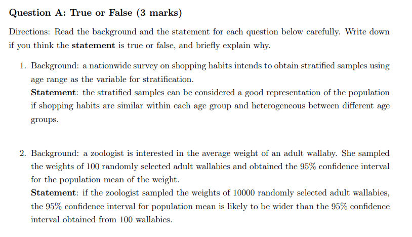  Question A: True or False (3 marks) Directions: Read the background