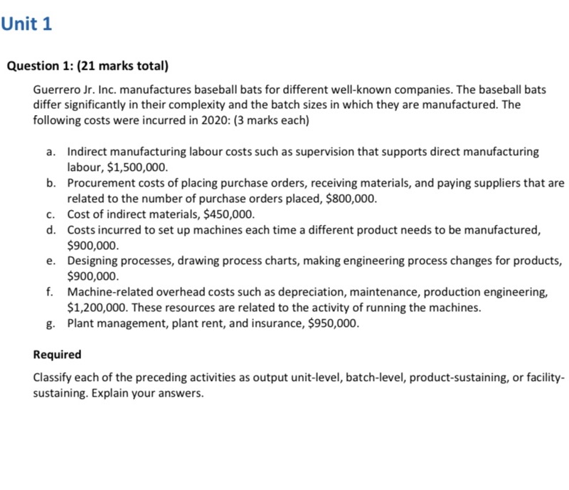 Intermediate Managerial Accounting unit 1 Unit 1 Question 1: {21 marks total}