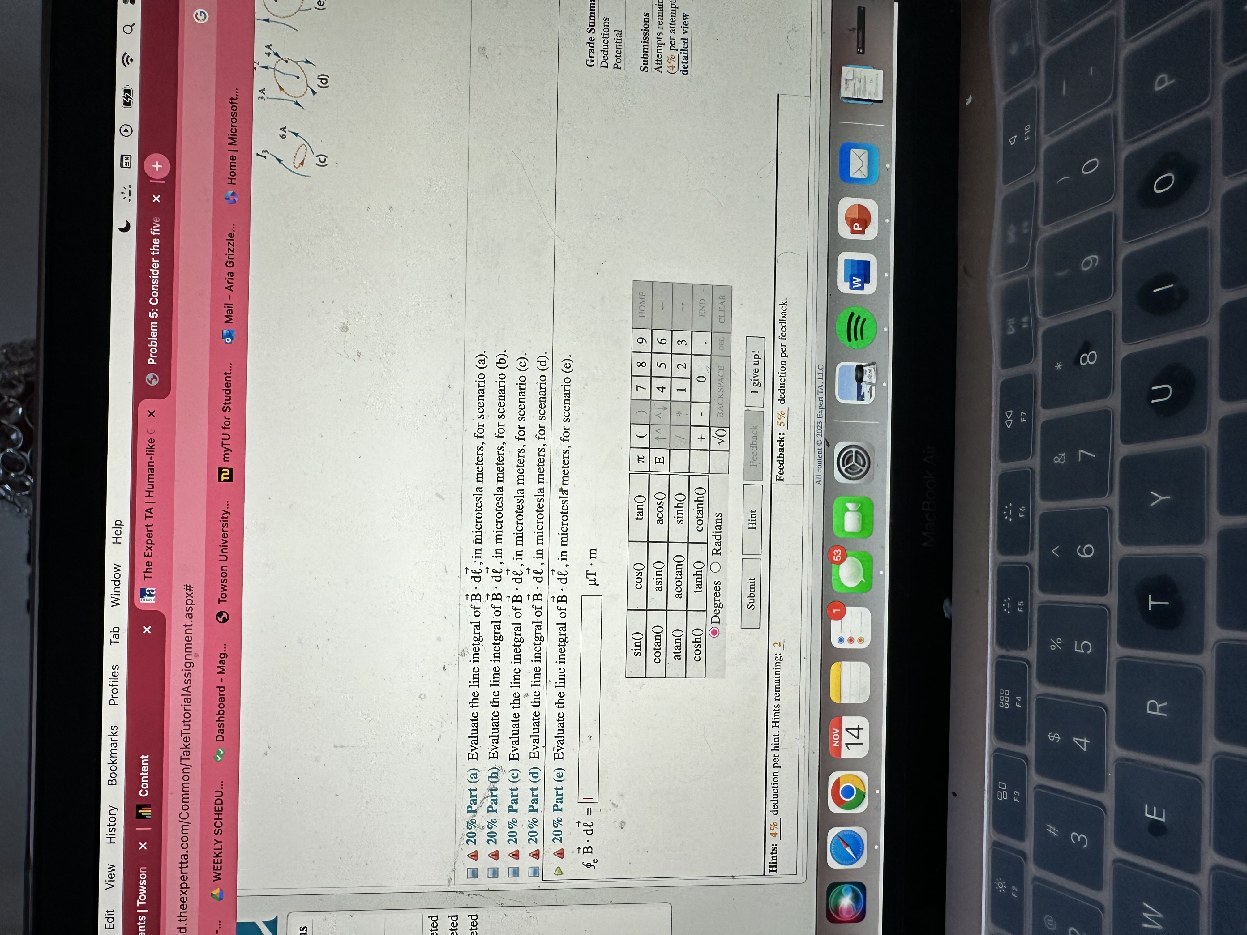 Consider the five different scenarios with oriented Amperian loops and current-carrying wires