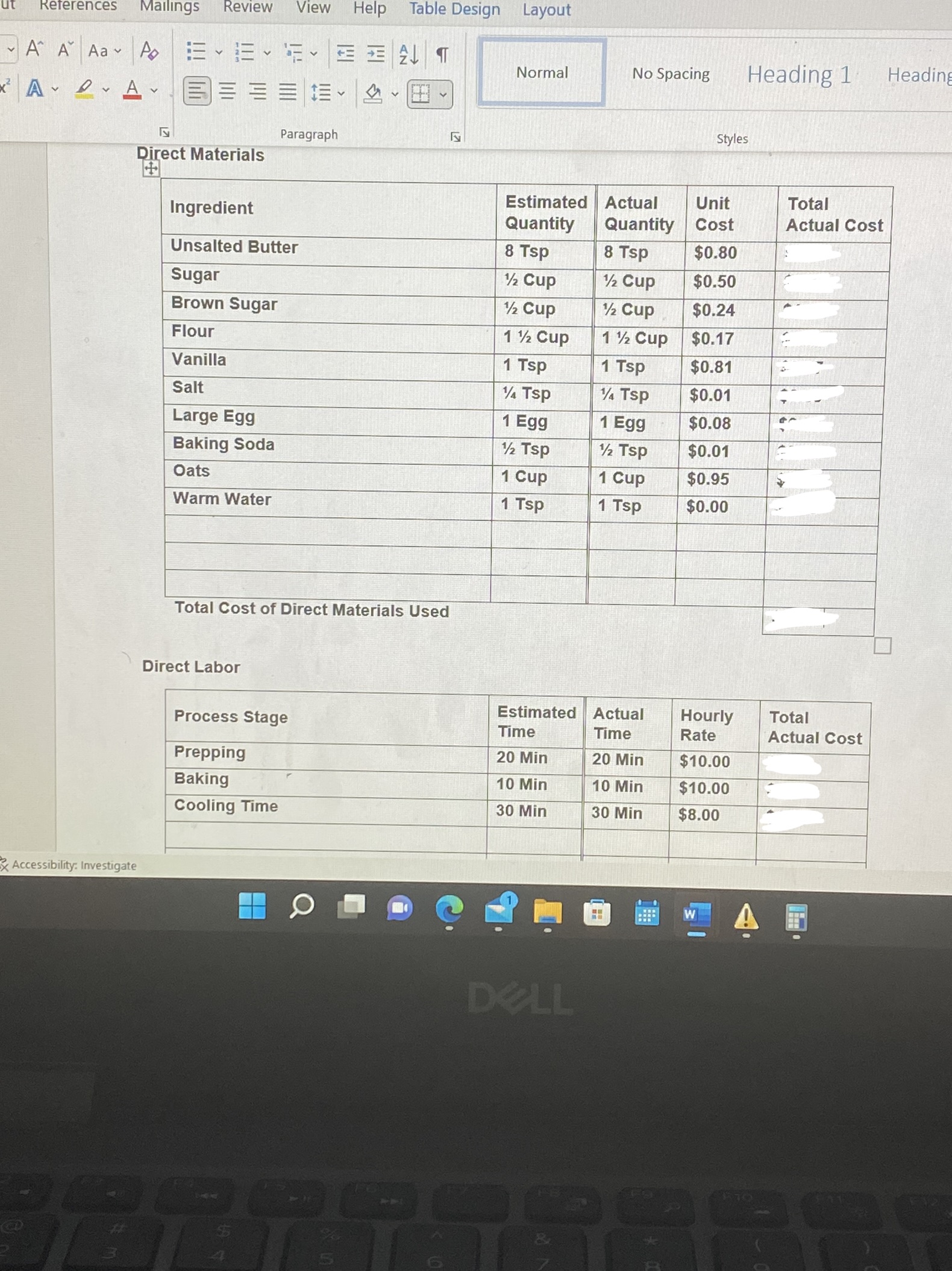 Materials Estimated Actual Unit Total Ingredient Quantity Quantity Cost Actual Cost Unsalted