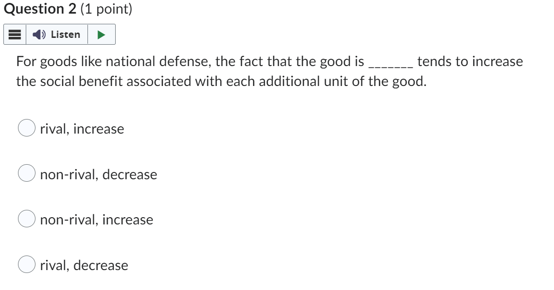 decrease Question 3 (1 point) Listen A common resource is both and