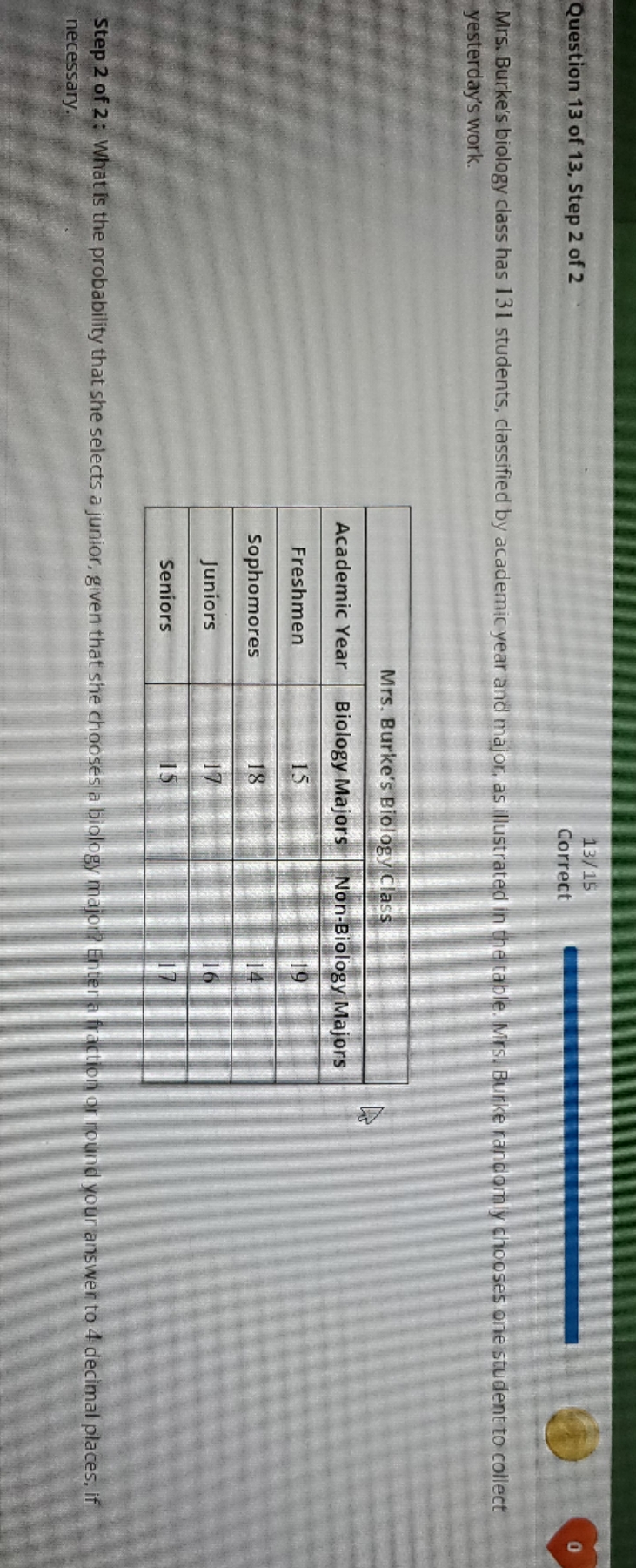 131 students what is the probability that she selects a junior given