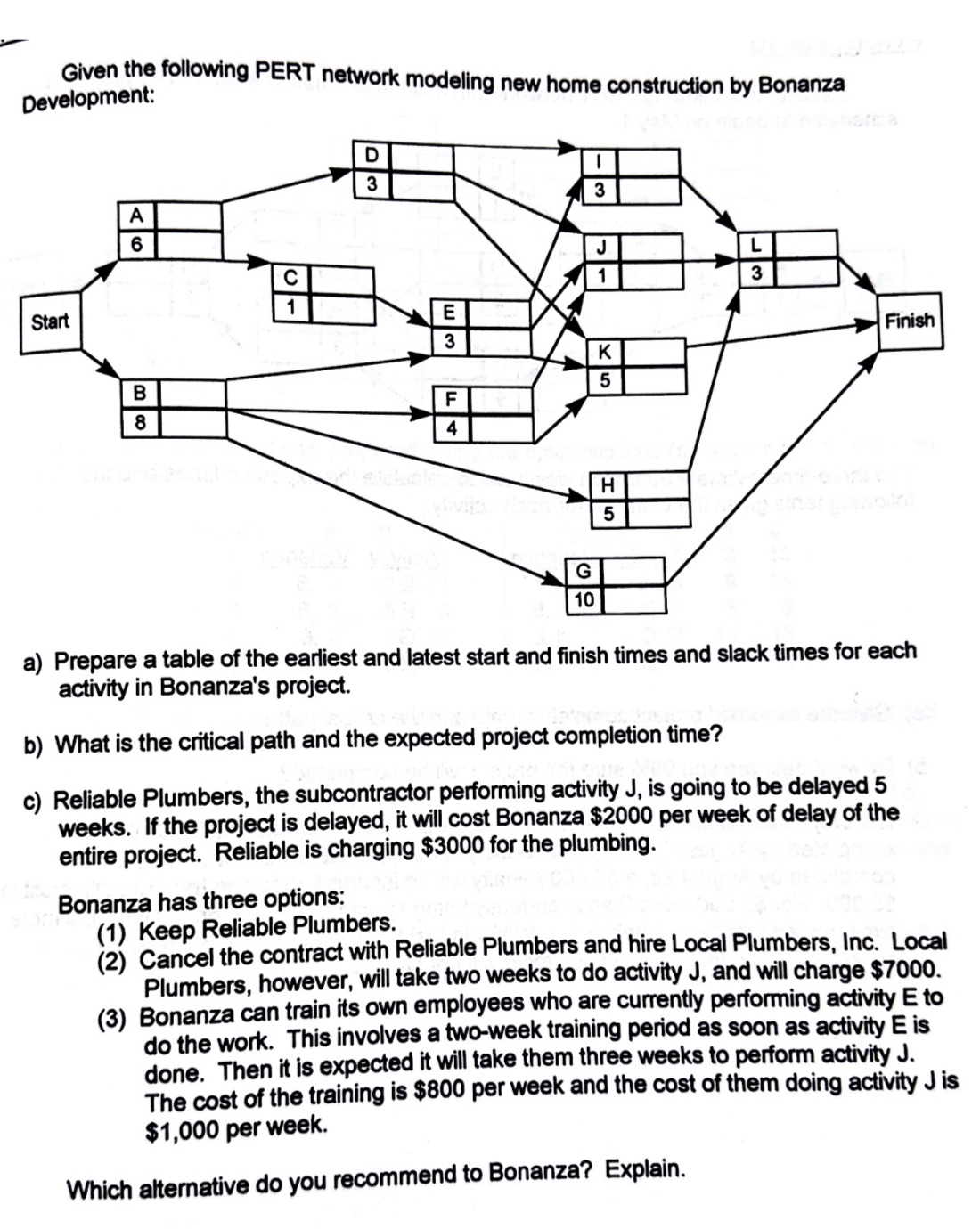 Development: Given the following PERT network modeling new home construction by