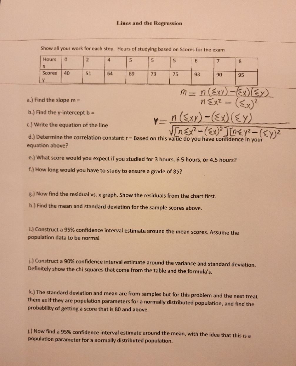 need help Lines and the Regression Show all your work for each