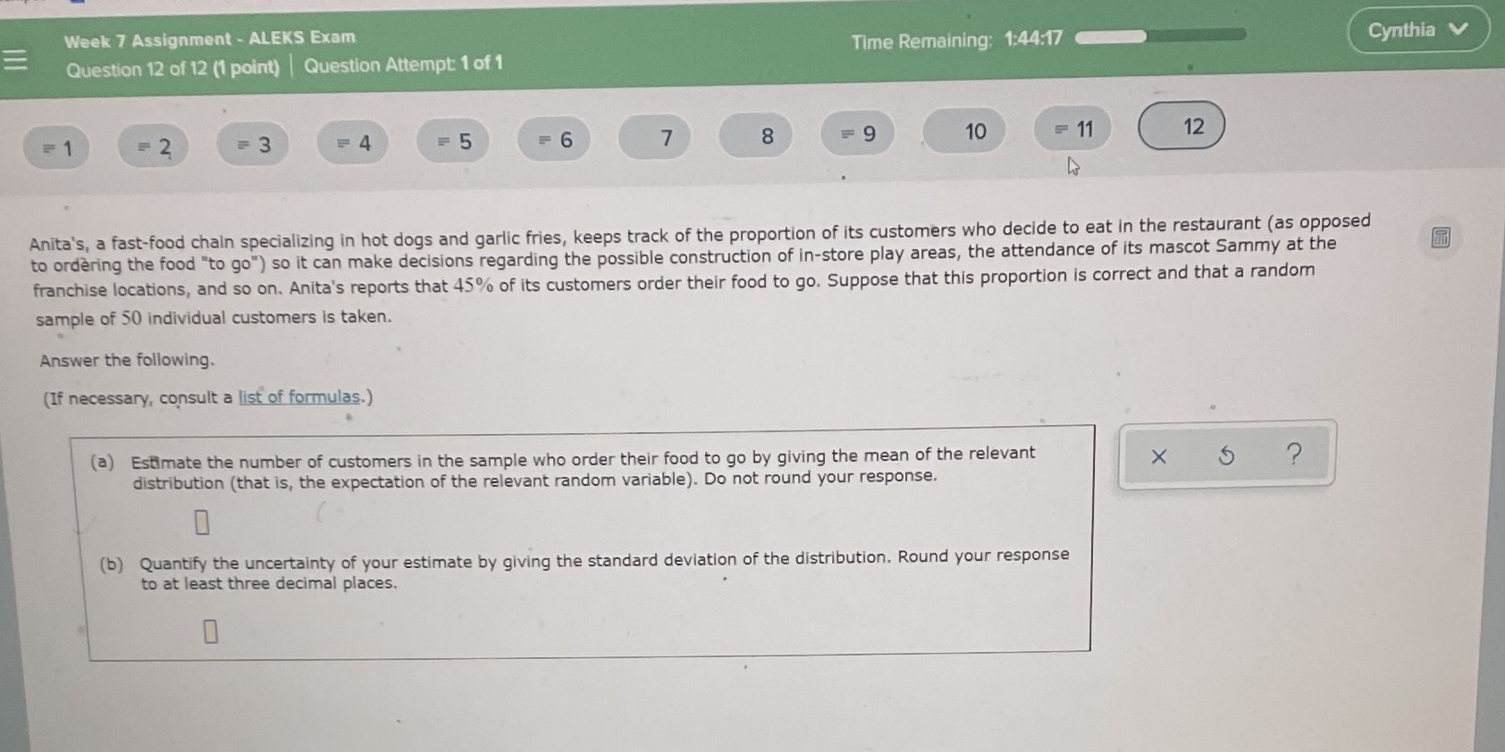 Statistics Week 7 Assignment - ALEKS Exam = Question 12 of 12
