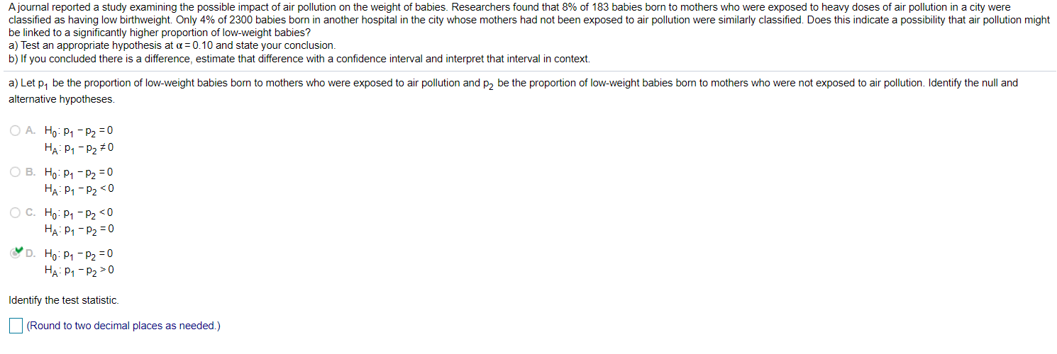 Identify test statistic (round to two decimal places as needed) Find p-value