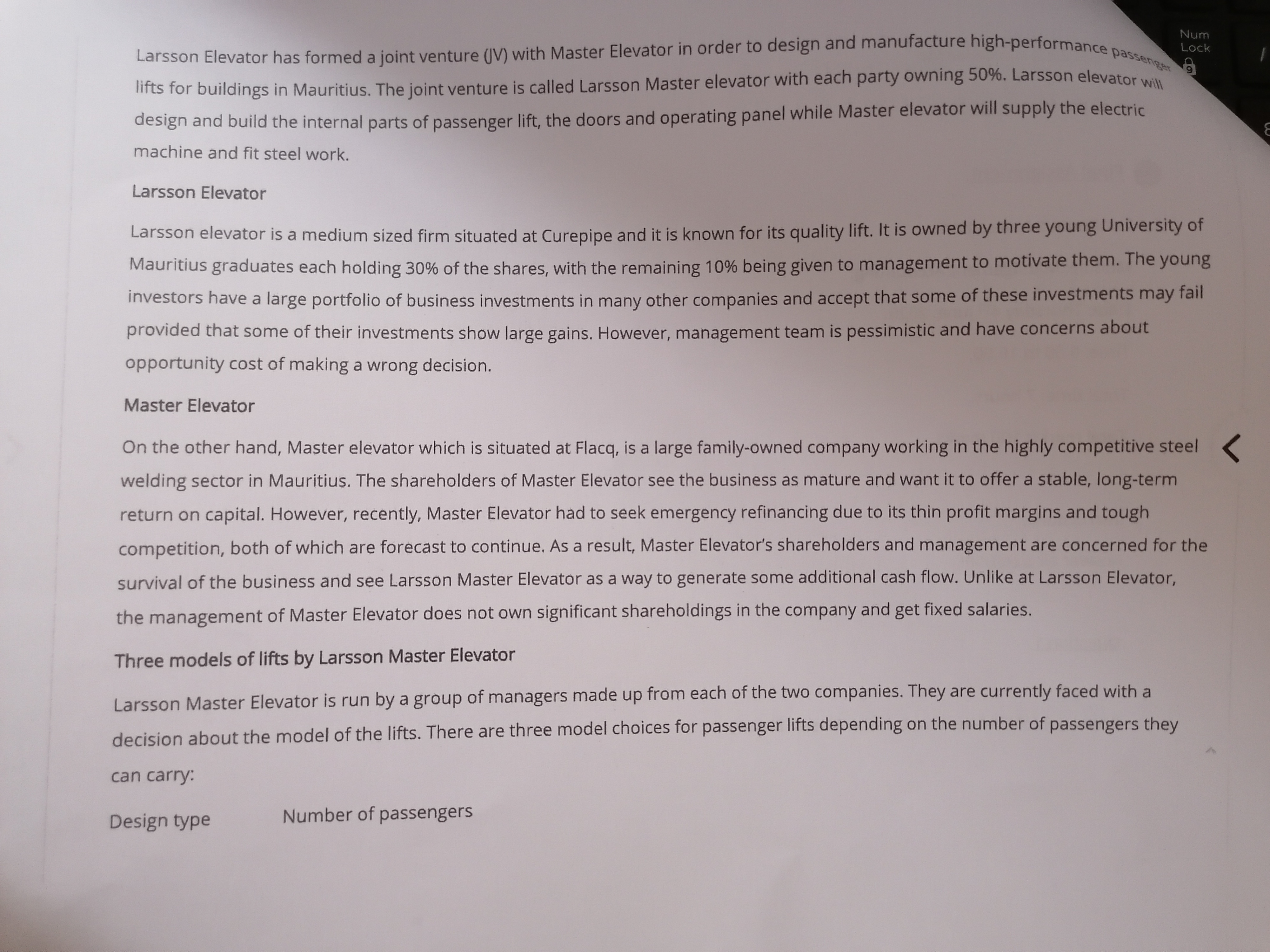 in order to design and manufacture high-performance passer Num Lock lifts for