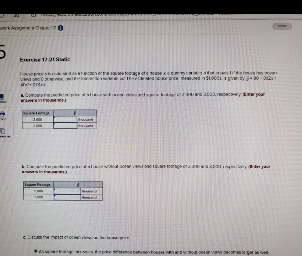  work Assignment Chapter 17 Saved O Exercise 17-21 Static House price