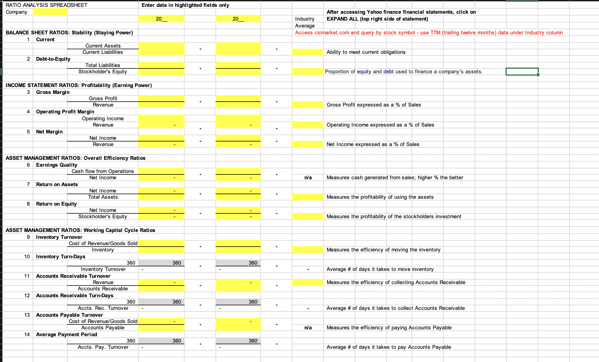 Using the ratio analysis template listed in the test instructions, complete the