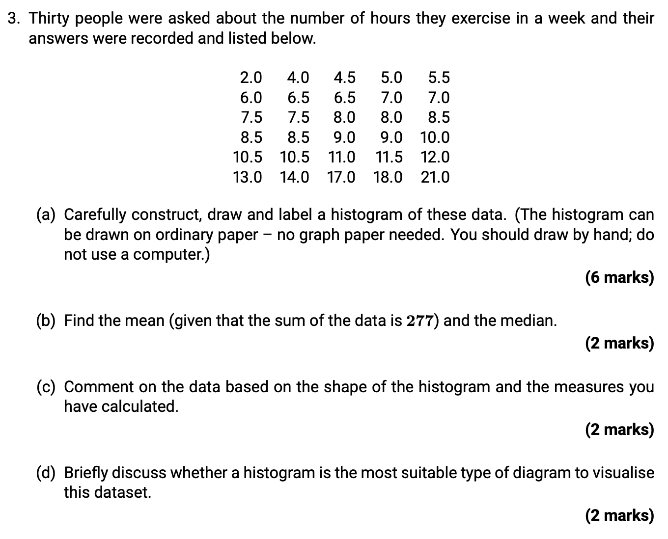 3. Thirty people were asked about the number of hours they exercise