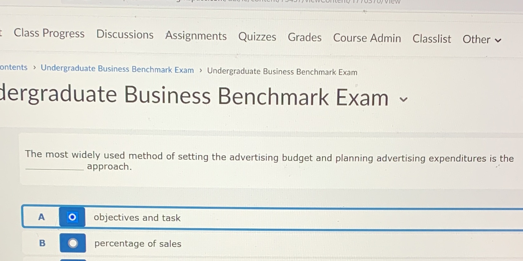  Class Progress Discussions Assignments Quizzes Grades Course Admin Classlist Other v