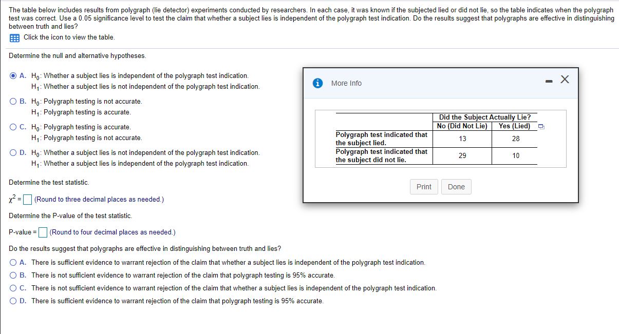 please answer all parts The table below includes results from polygraph (lie