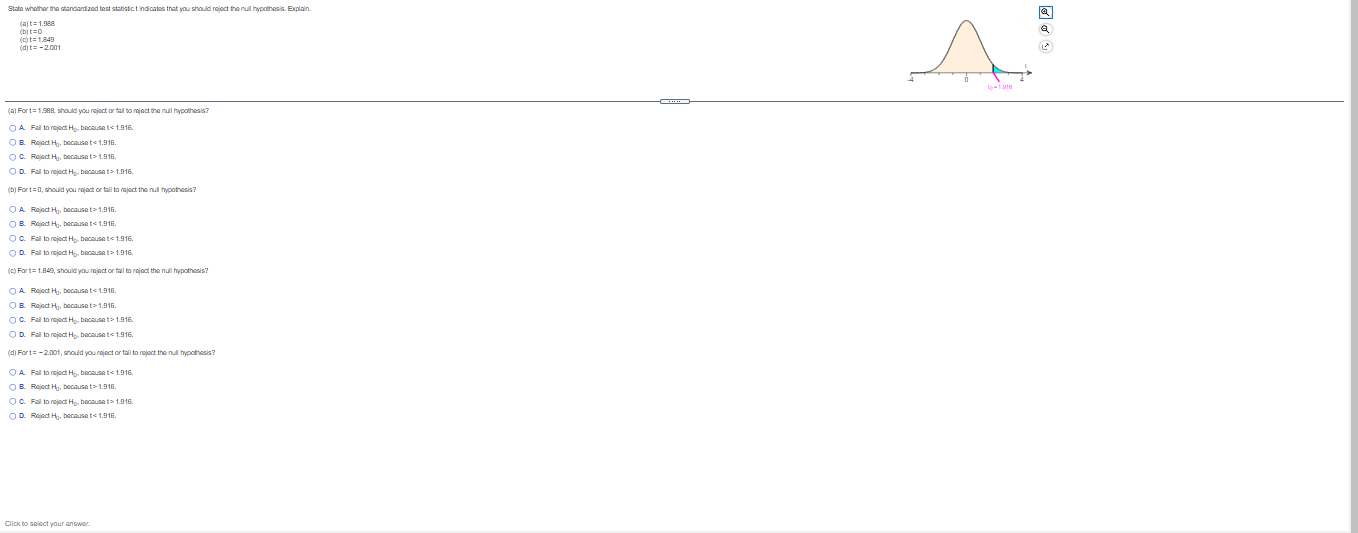 State whether the standardized test statistic t indicates that you should