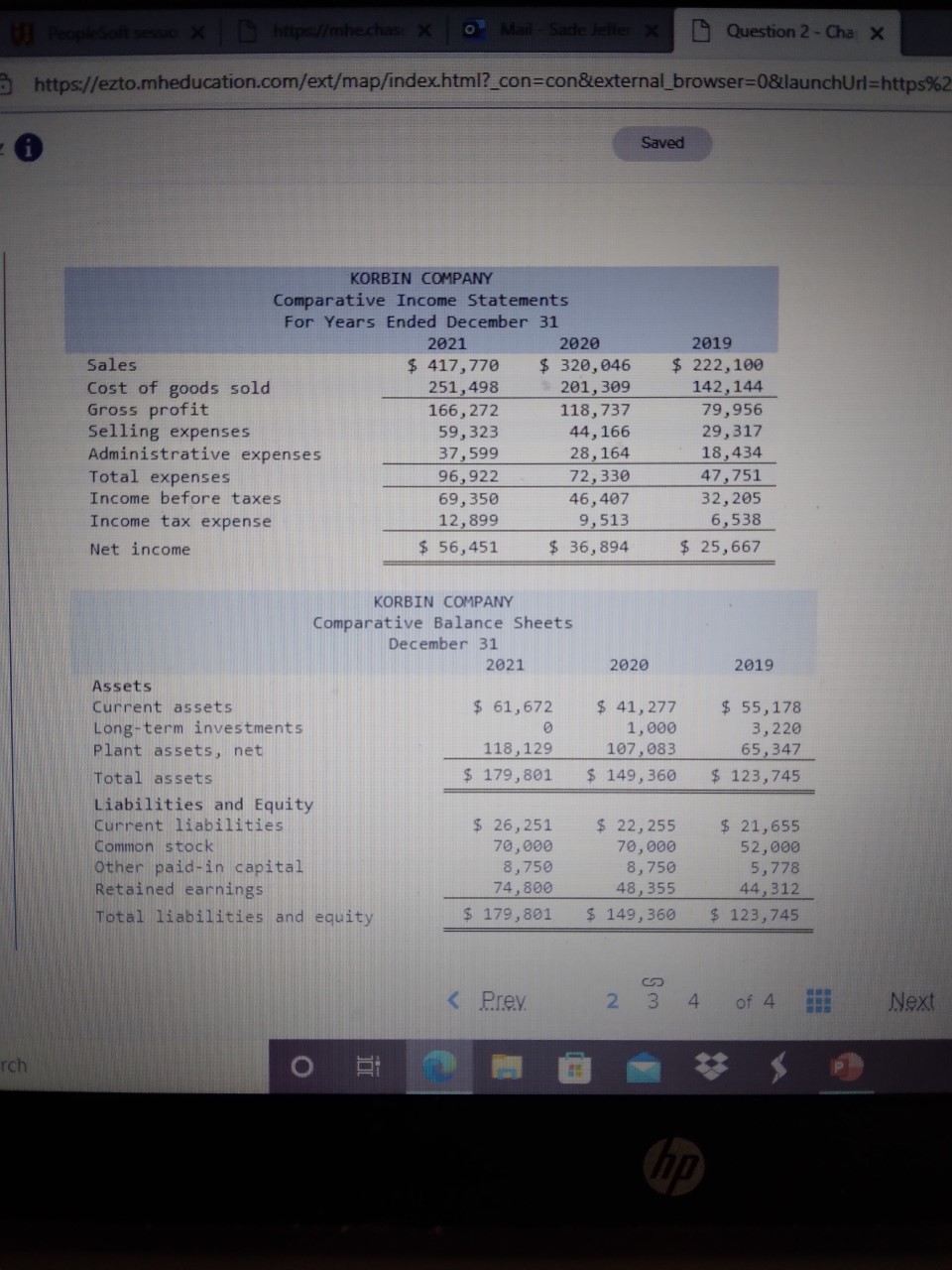 2 - Cha X https://ezto.mheducation.com/ext/map/index.html?_con=con&external_browser=0&launchUrl=https% Saved KORBIN COMPANY Comparative Income Statements For