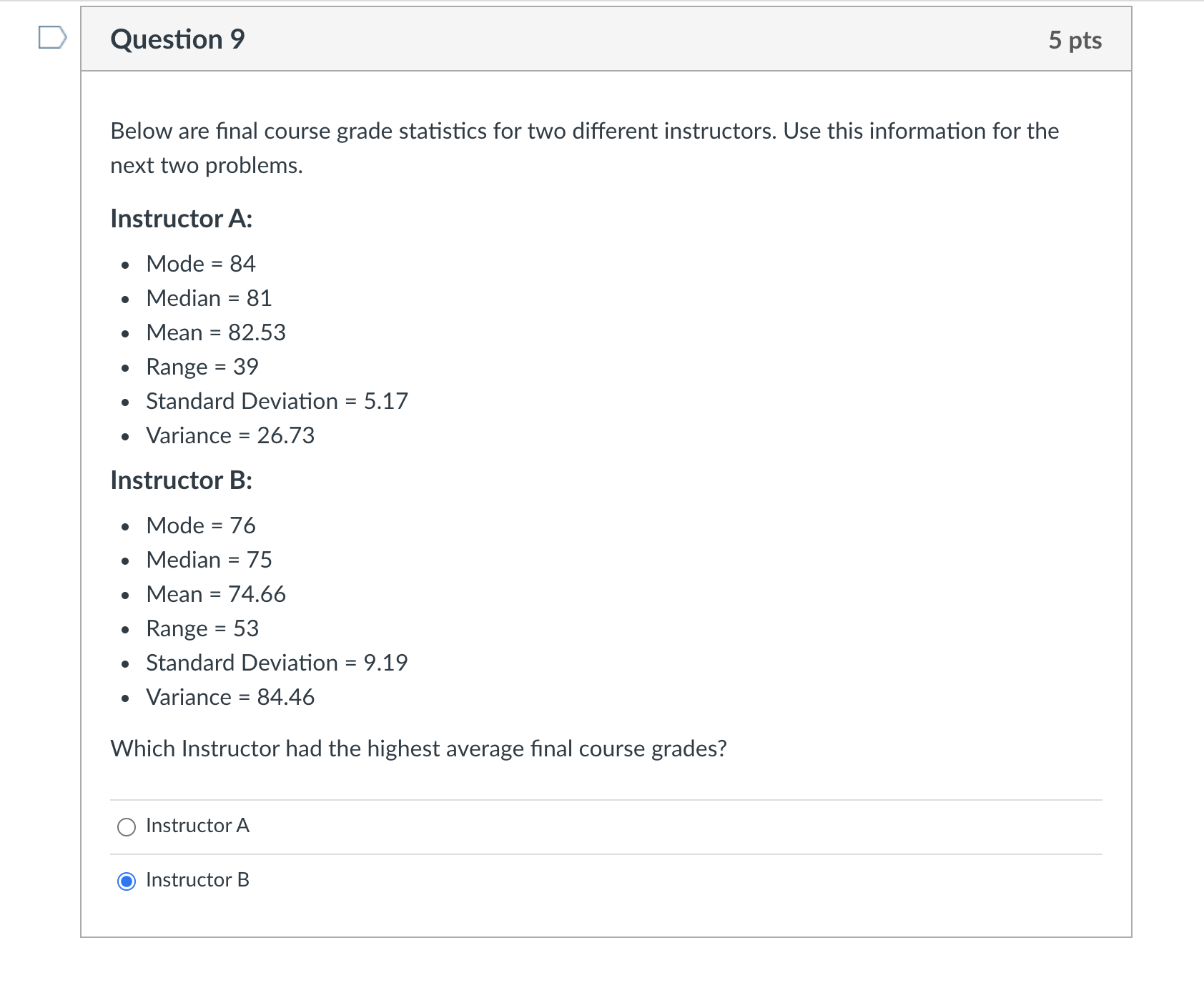 D Question 8 5 pts The dot on a box plot represents:
