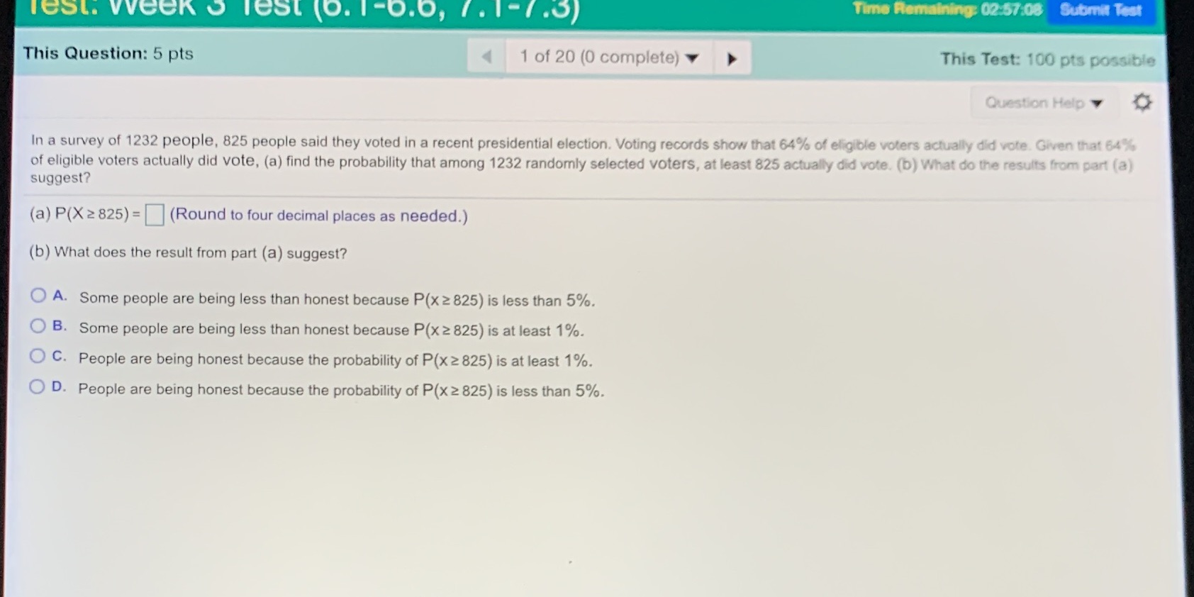 02:57:08 Submit Test This Question: 5 pts 1 of 20 (0 complete)