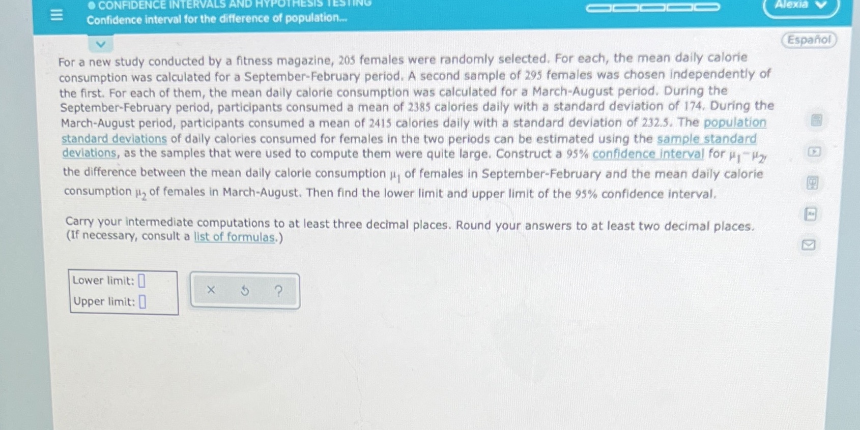  . CONFIDENCE INTERVALS AND HYPOTHESIS TESTING Alexia v Confidence interval for