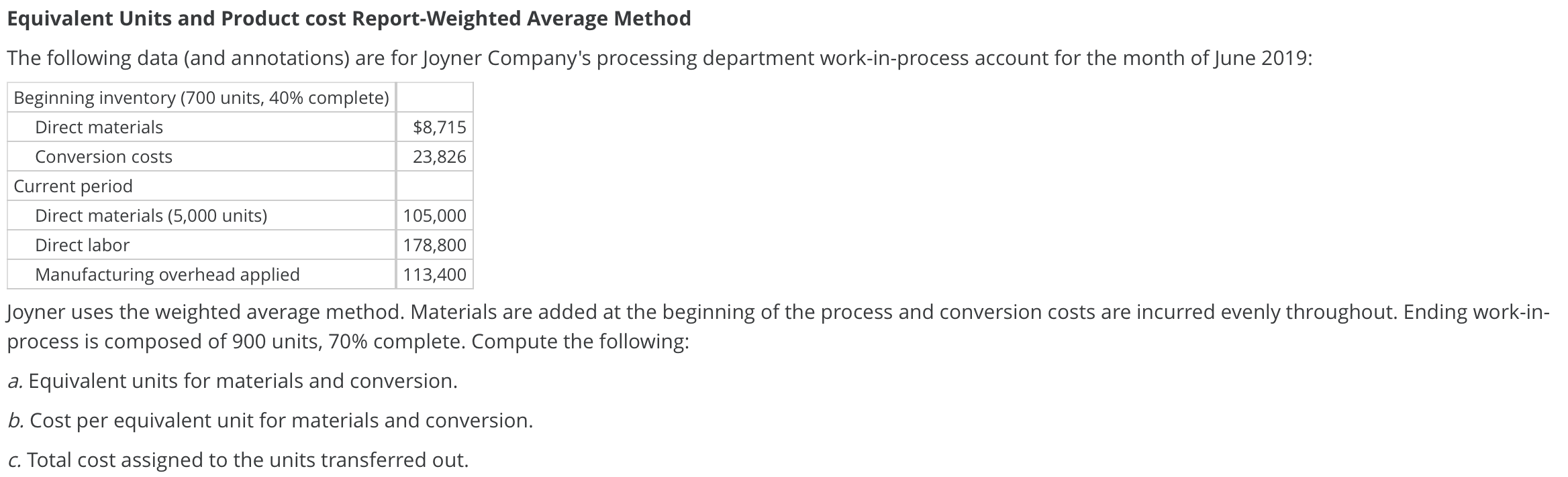 Report-Weighted Average Method The following data (and annotations) are forJoyner Company's processing
