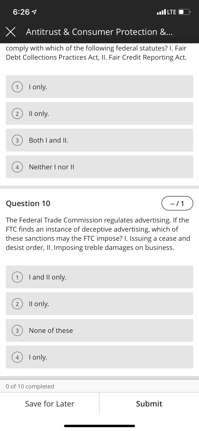My question is question 10. 6:26 4 .IIILTE - X Antitrust &