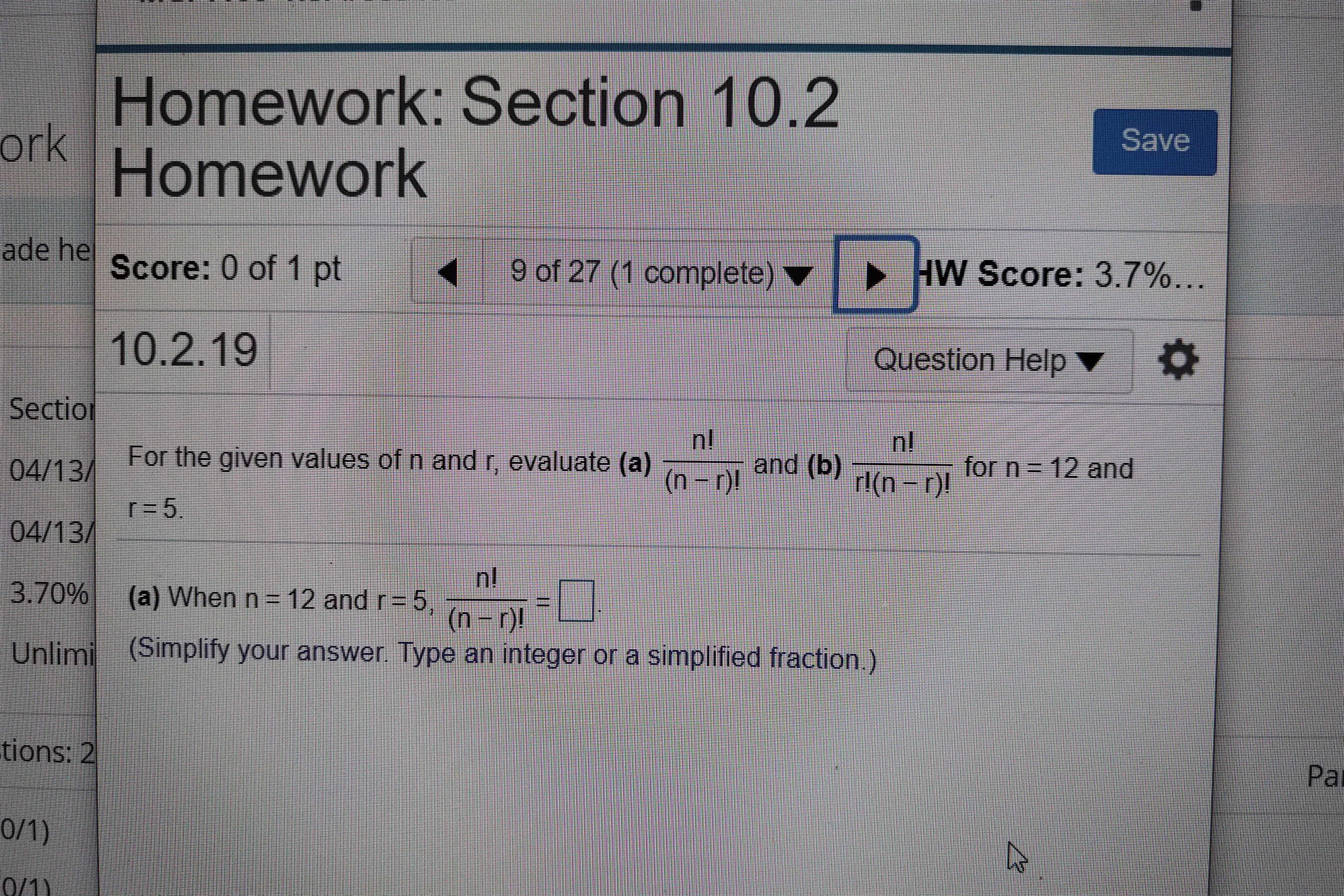 MGF 1106 Math SECTION 10.2 Counting Homework: Section 10.2 ork Save Homework