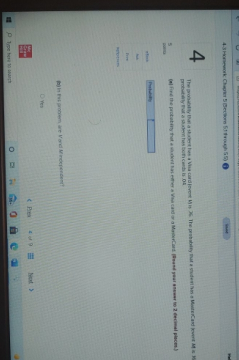 Find the probability that a student has either a visa card or