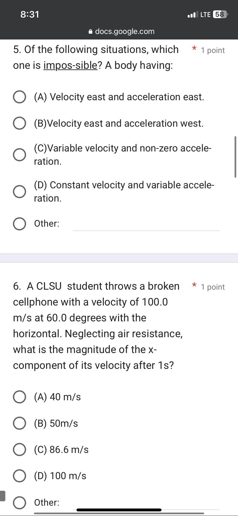 (o)14.7 m/s 0 (D)29.4m/s O Other: 8. If you toss a ball