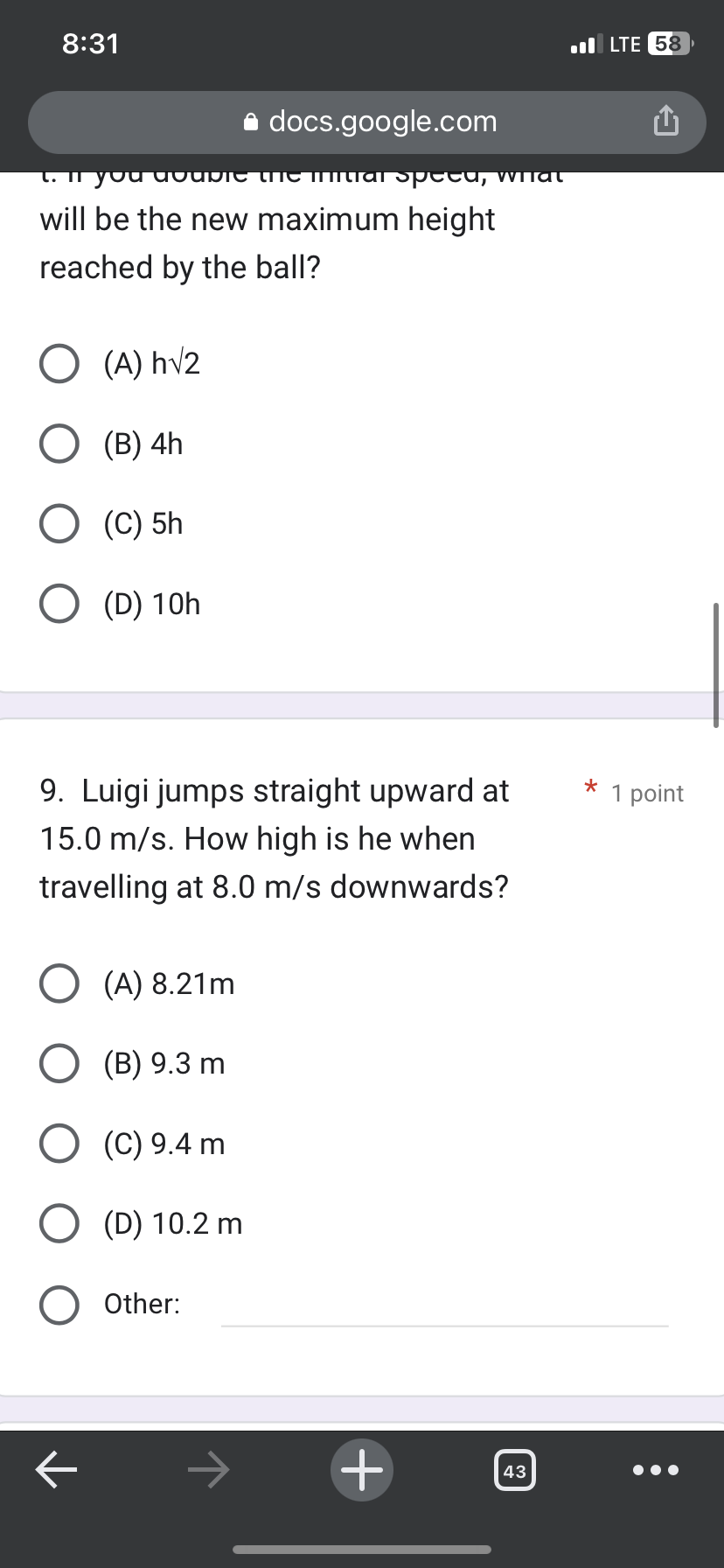 the ball? 8:31 I LTE 58 a docs.google.com 3. What is the