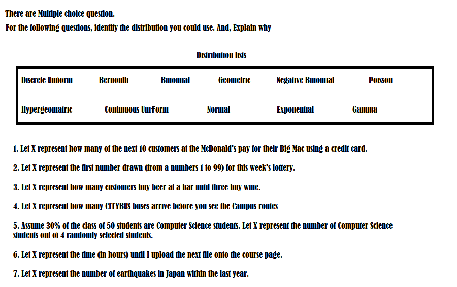 stat problem There are Multiple choice question. For the following questions, identify