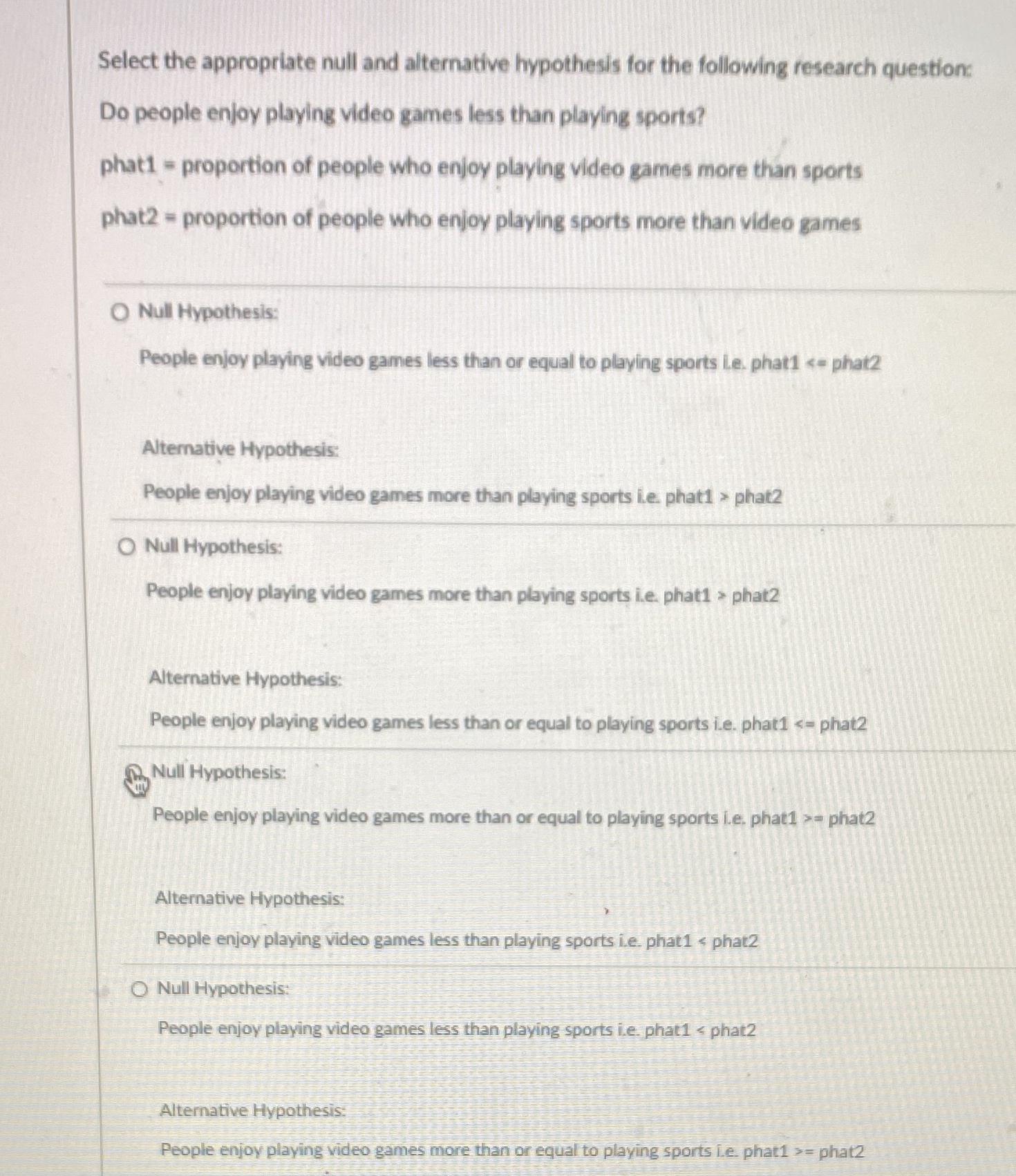  Select the appropriate null and alternative hypothesis for the following research