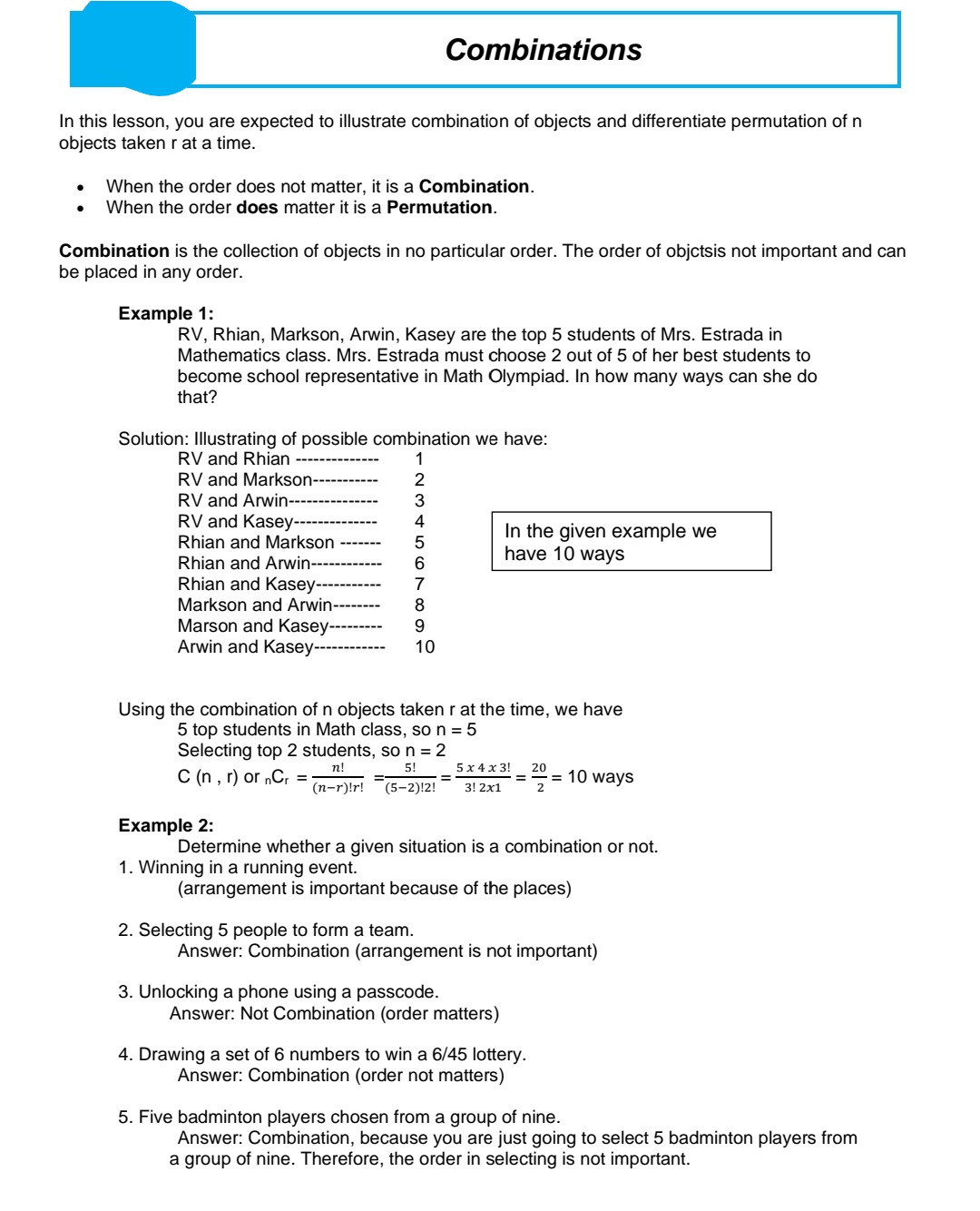 the picture Combinations In this lesson, you are expected to illustrate combination
