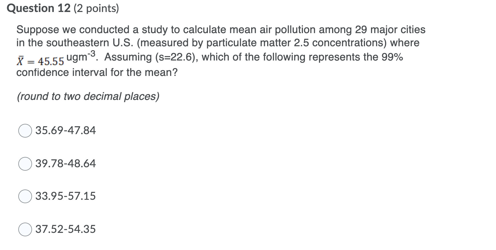 mean air pollution among 29 major cities in the southeastern US. (measured