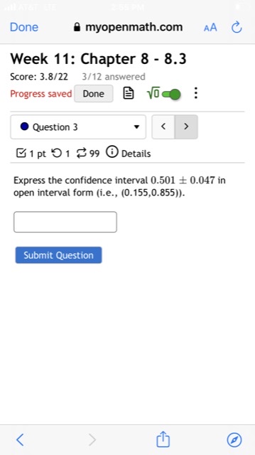 as an open-interval (i.e., parentheses) using decimals (not percents) accurate to three