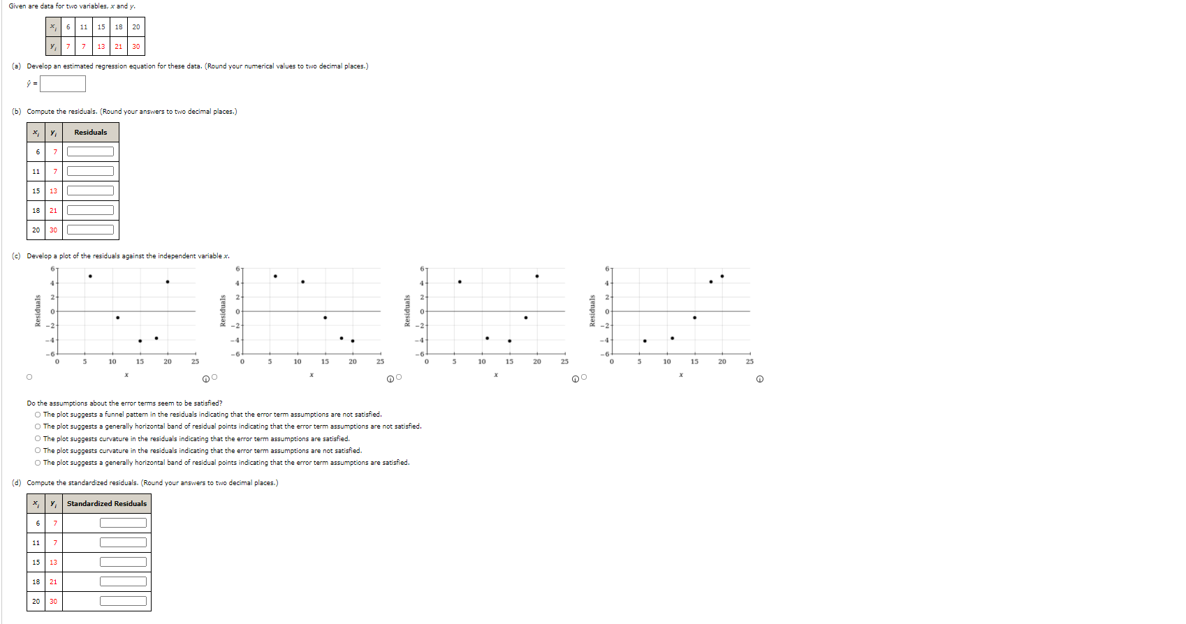 for two variables, x and y. 6 11 15 18 20 13