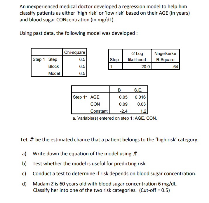 1) Write down the equation of the model using 2) Test whether