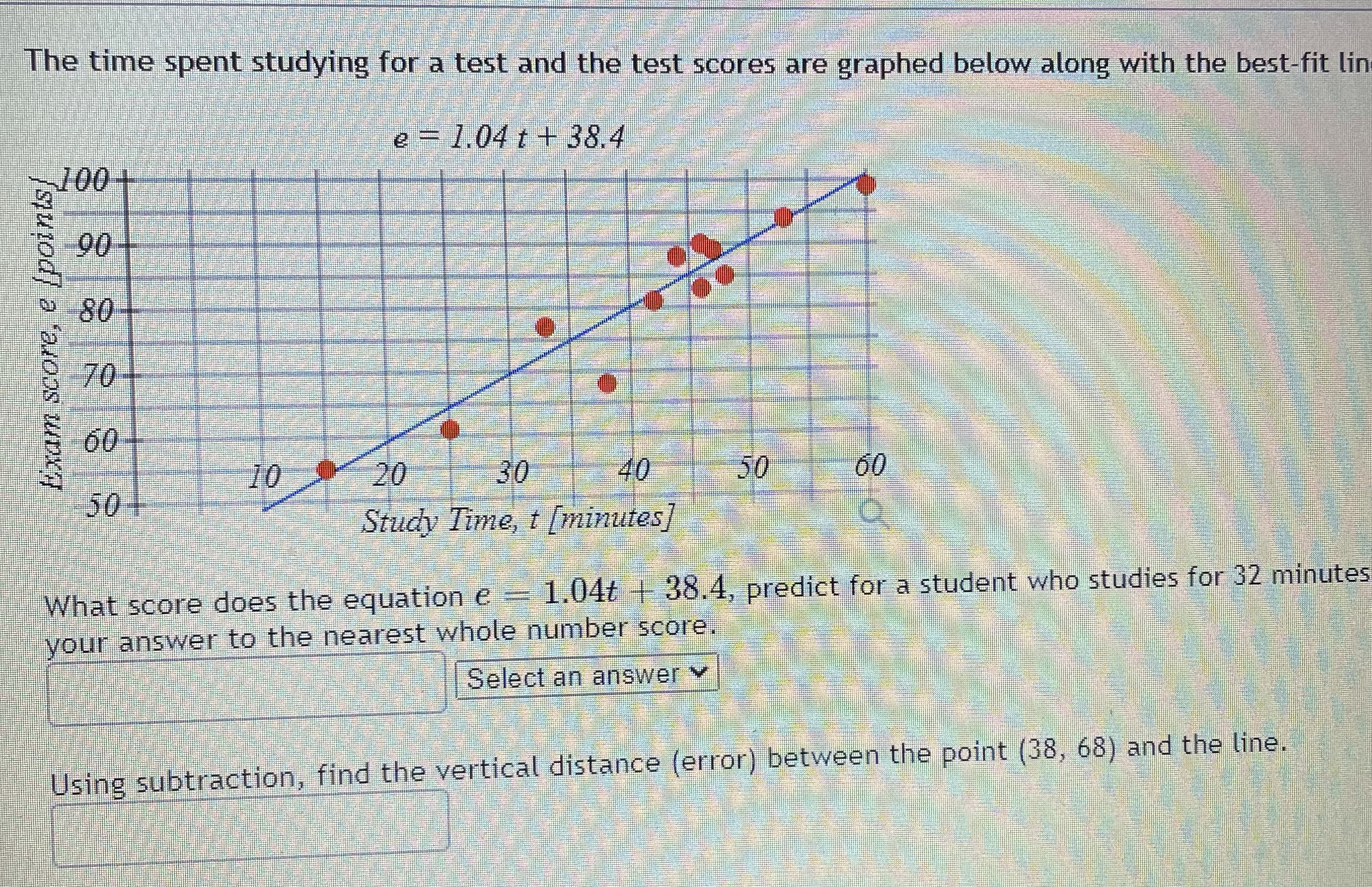 A. What score does the equation e= 1.04t + 38.4, predict for