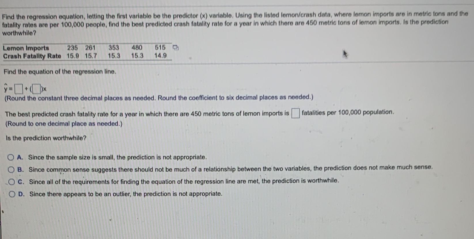 Find the regression equation, letting the first variable be the predictor