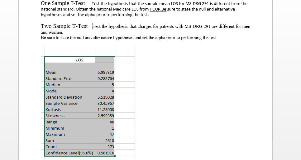  One Sample T-Test Test the hypothesis that the sample mean LOS