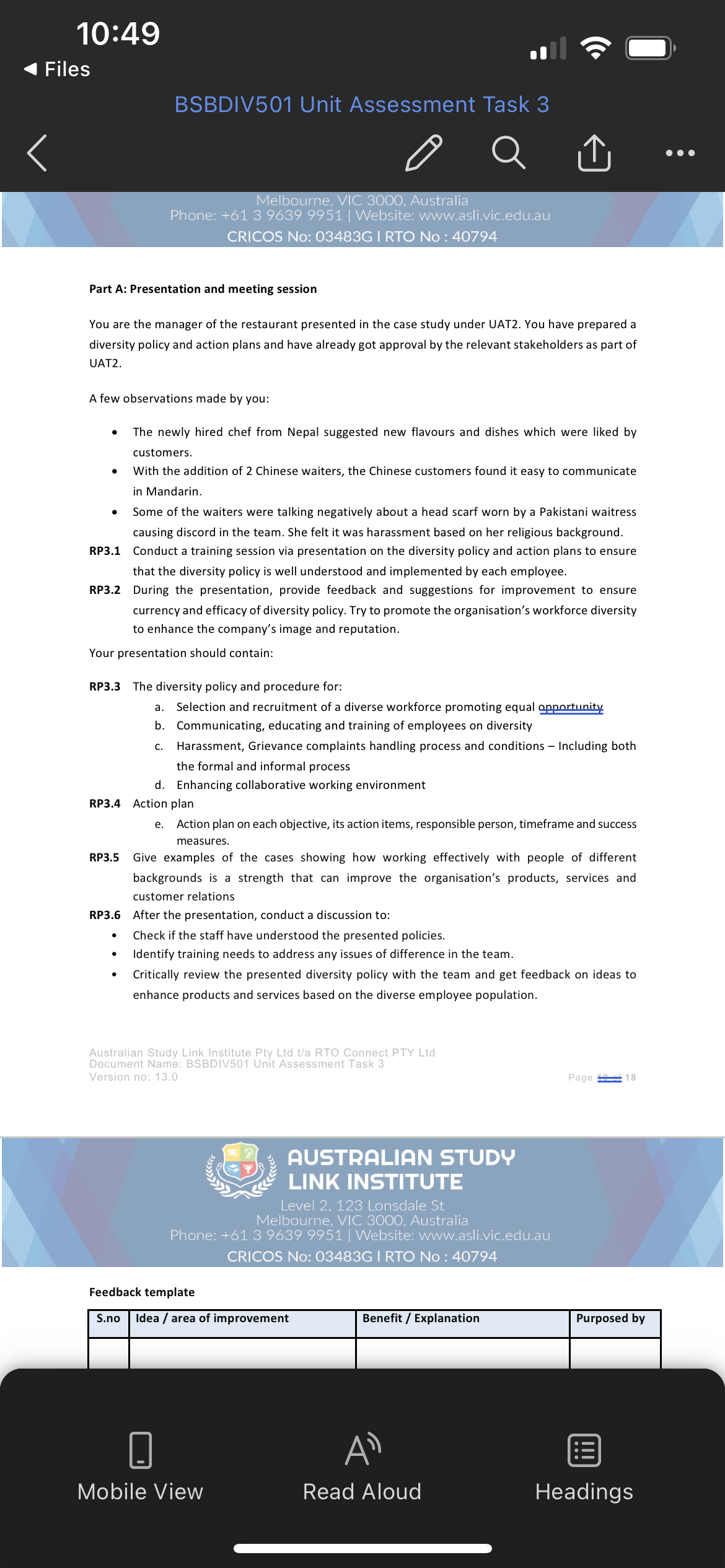 CRICOS No: 03483G I RTO No : 40794 Part A: Presentation and