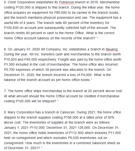 Branch Accounting. Kindly provide clear solutions for each. Thank you. 5. Crest