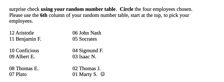  surprise check using your random number table. Circle the four employees